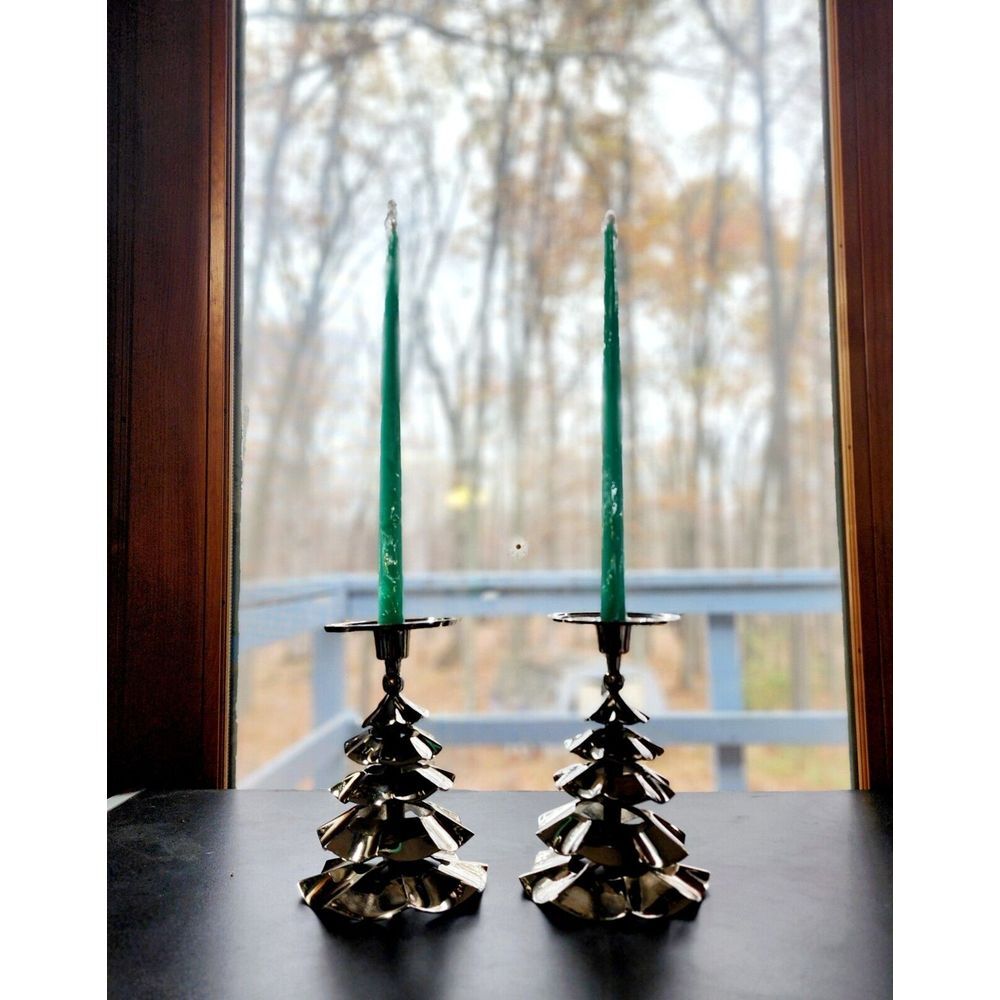 Pair Of St. Nicholas Square 7.25" Christmas‎ Tree Candlesticks Or Pillar Holder